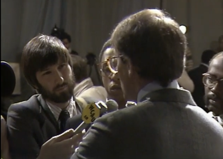 Dave Davies in 1985 interviewing sources during coverage of the MOVE Commission hearings that WHYY hosted and broadcast live.